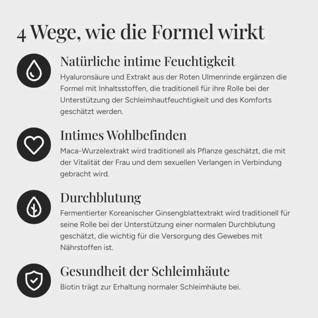 Delicate Hydration & Vitality: 4 Hauptwirkungsbereiche – Intimfeuchtigkeit, Wohlbefinden, Durchblutung, Schleimhäute
