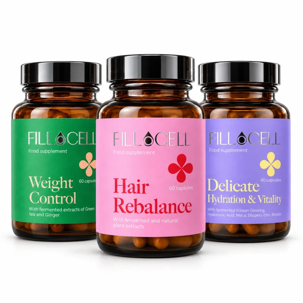 FILLaCELL rinkinys Jaučiuosi vėl savimi: Hair Rebalance, Weight Control ir Delicate Hydration & Vitality
