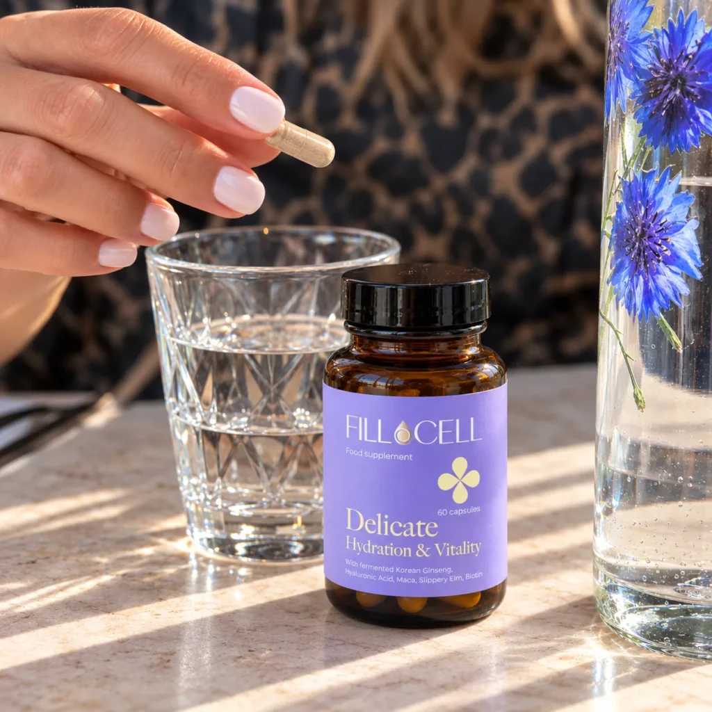 FILLaCELL Delicate Hydration & Vitality Nahrungsergänzungsmittel mit einem Glas Wasser