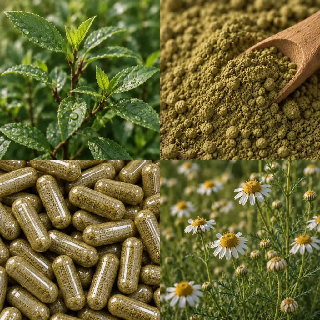 Fermentierte Pflanzenextrakte: grüner Tee, Pulver, Kapseln und Kamille